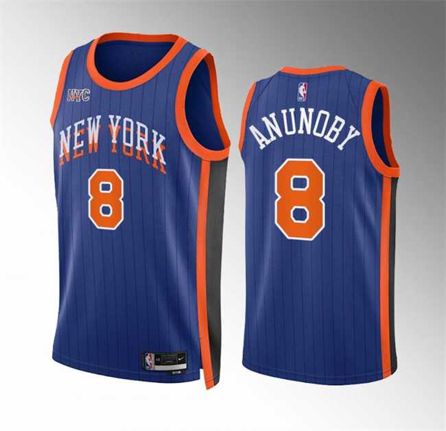 Mens New Yok Knicks #8 OG Anunoby Blue 2023-24 City Edition Stitched Basketball Jersey Dzhi